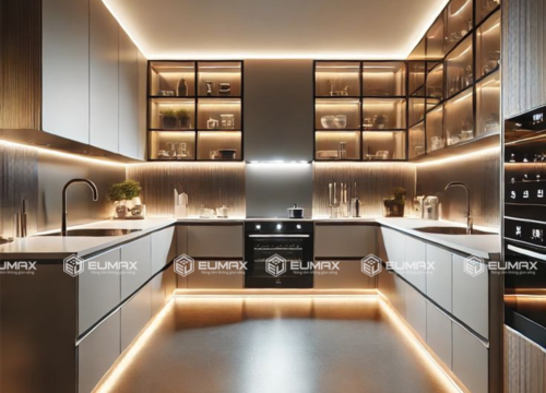 Tủ Bếp Kính Kết Hợp Đèn LED